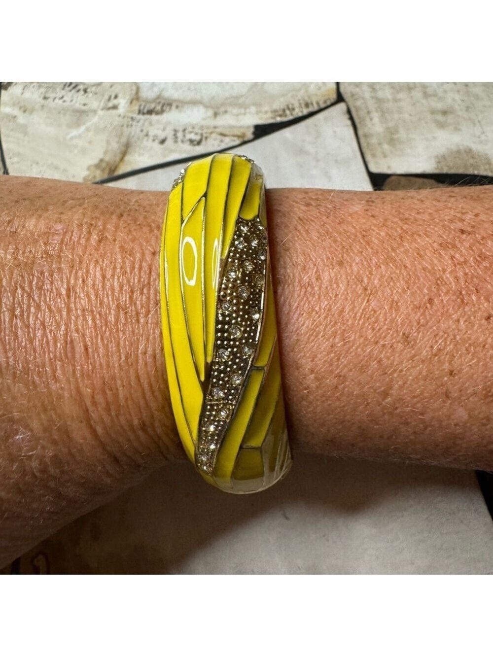 AcrylicHinge Bracelet - Sequin brand. Yellow with silver and rhinestone accents